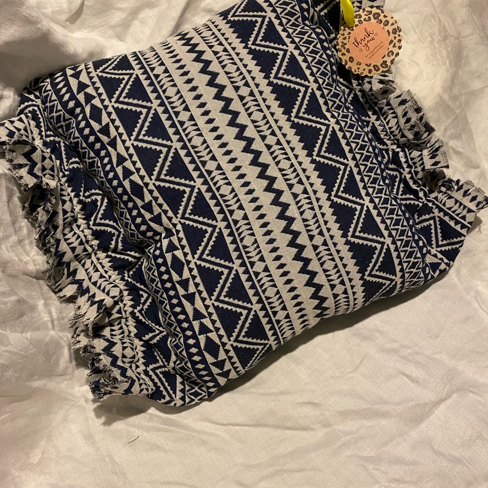 Handmade Navy & White Tribal Woven Throw Pillow – NWT, Textured & Fringe Detail